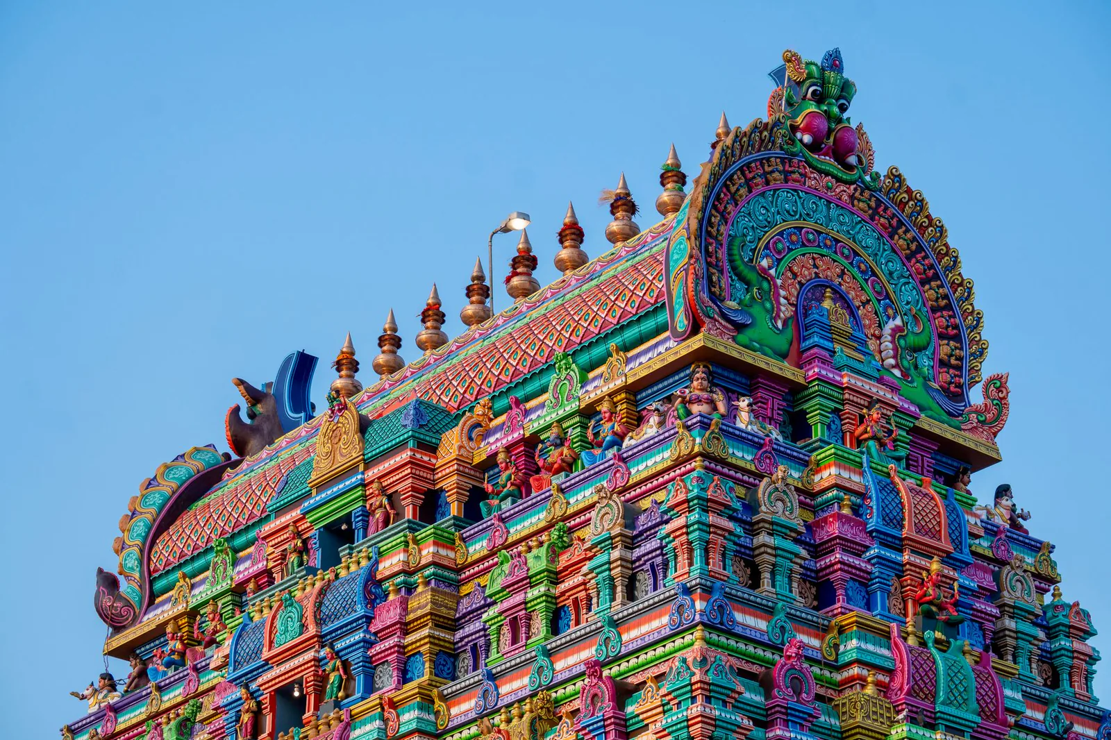 The complete colorful gopuram of Rameswaram Temple in Tamil Nadu under a clear blue sky – South India: Tamil Nadu & Kerala Cultural Journey
