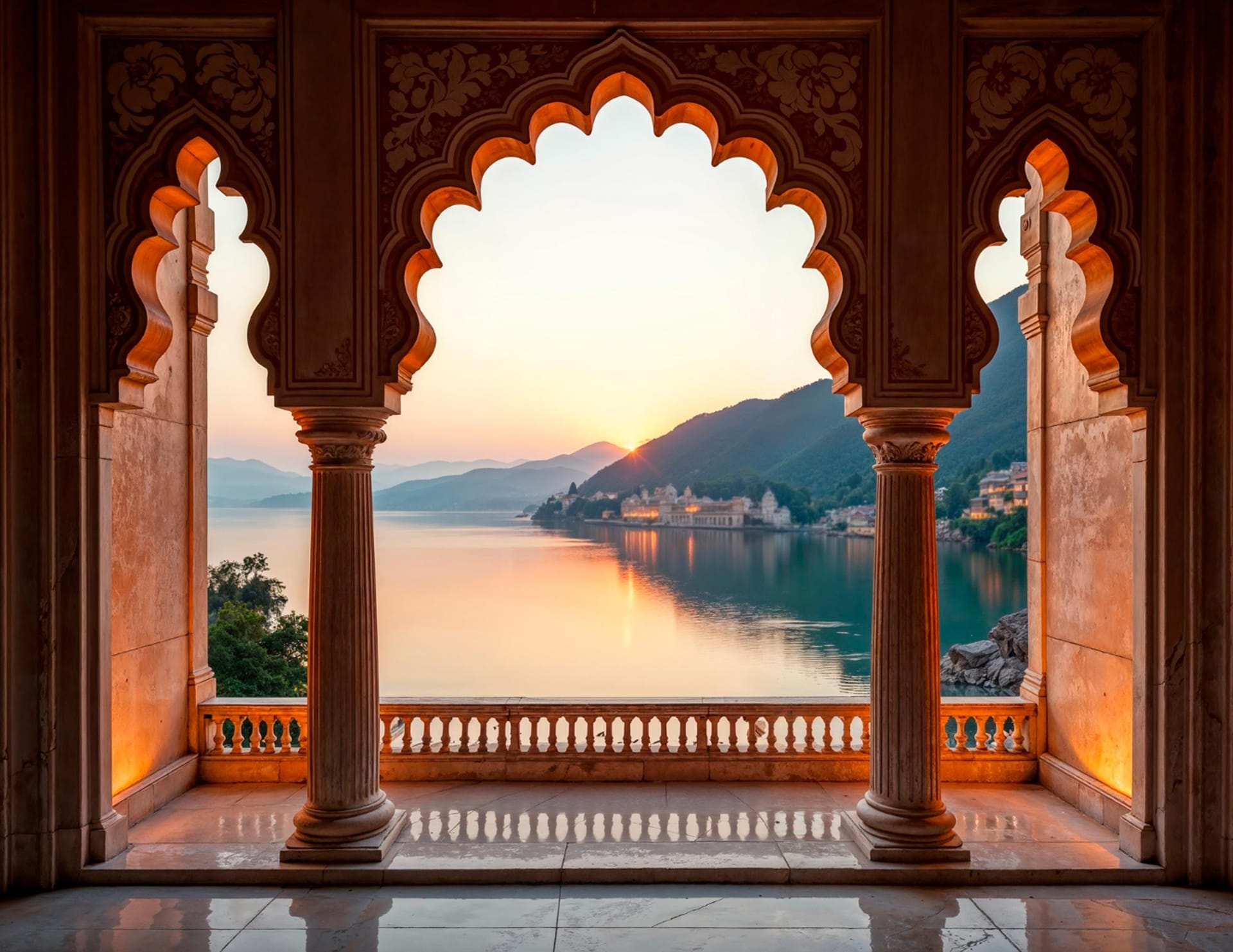 Indian palace arches by the lake at sunset