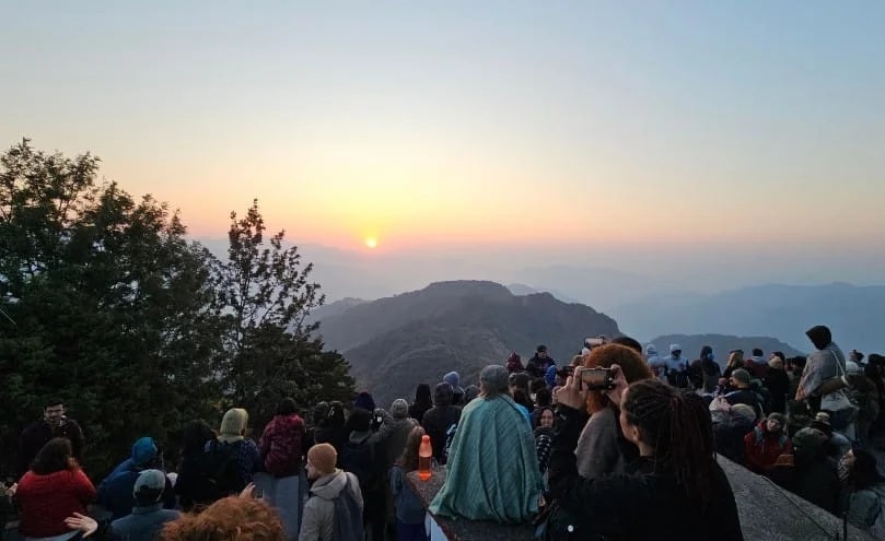 Sunrise view from Kunjapuri Temple over the Himalayan foothills