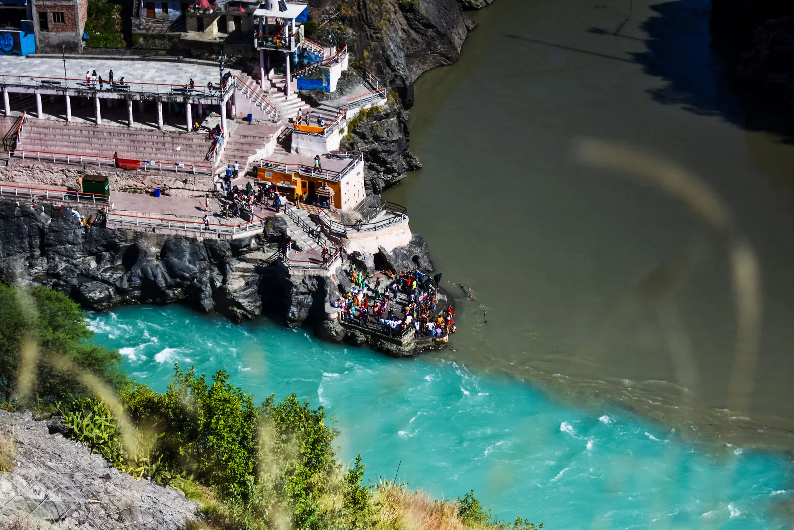 Aerial view of the Devprayag confluence where two rivers become the Ganges