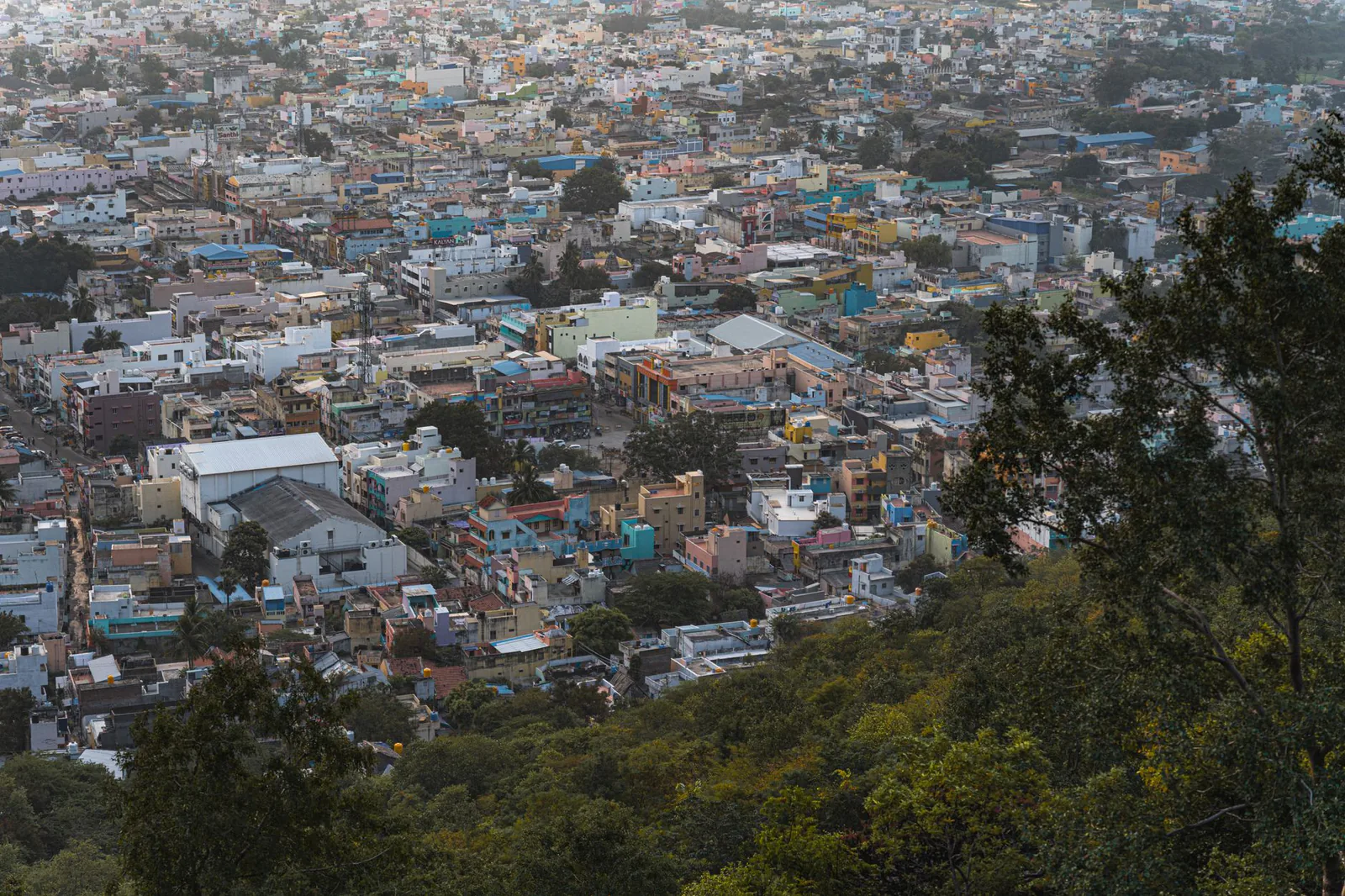 Panoramic view of Tiruvannamalai and the sacred Arunachala mountain