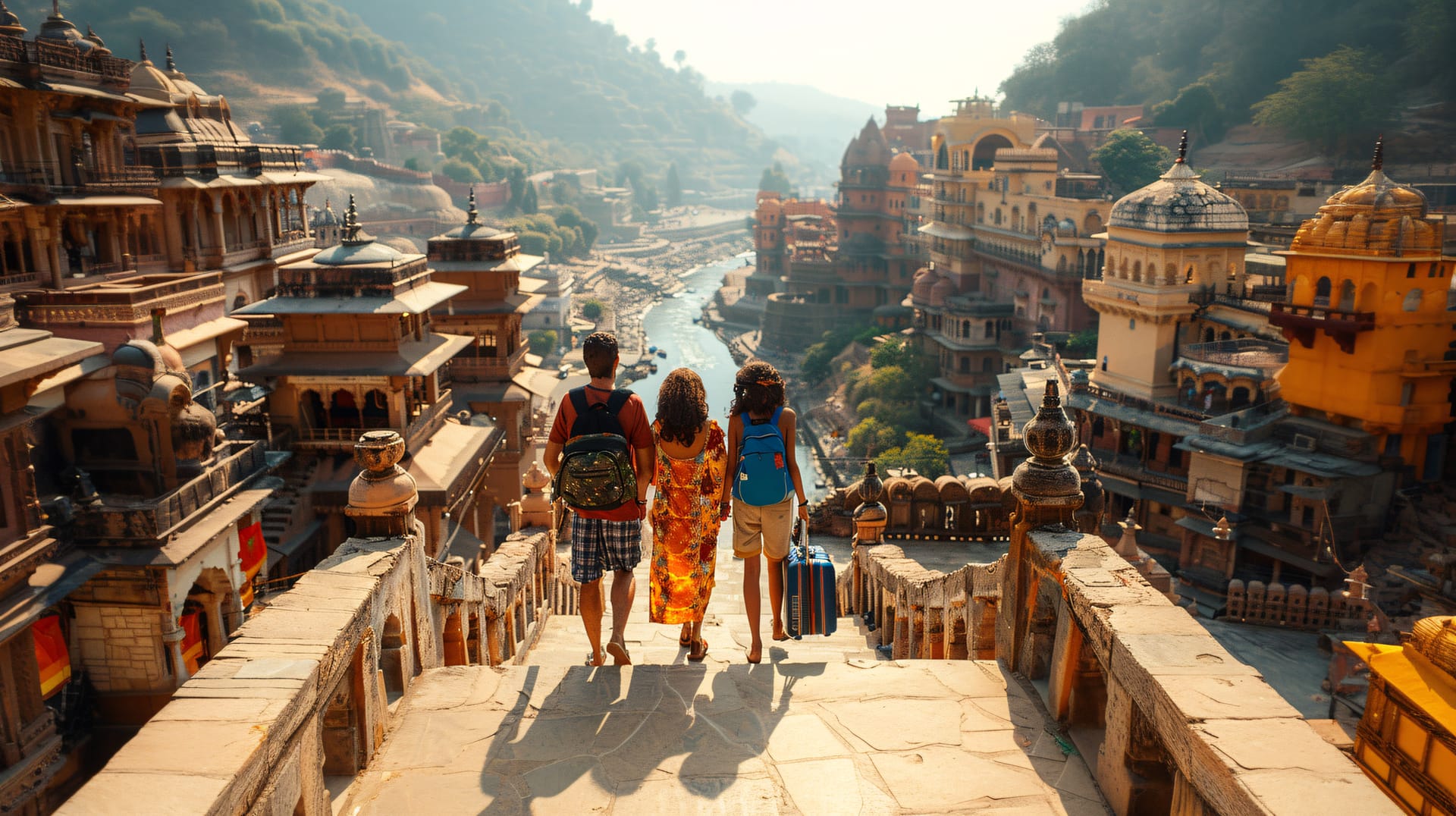 Travelers walking down stone steps toward palaces and temples in India