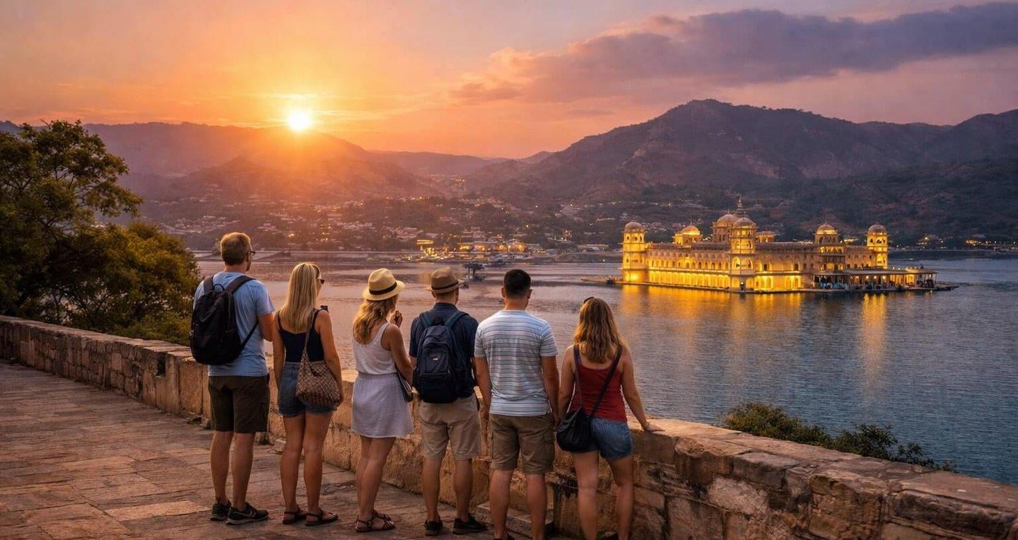 The Lake Palace of Udaipur glowing at sunset, reflected on the calm waters of Lake Pichola, Rajasthan