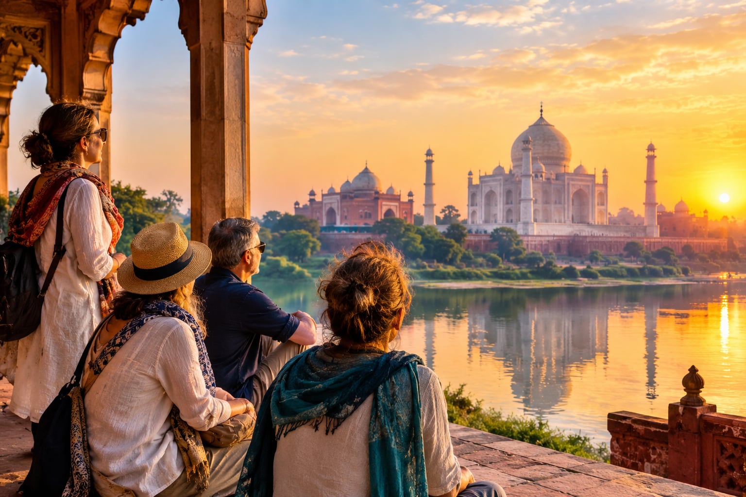 Golden hour reflections at the Taj Mahal with visitors at sunset